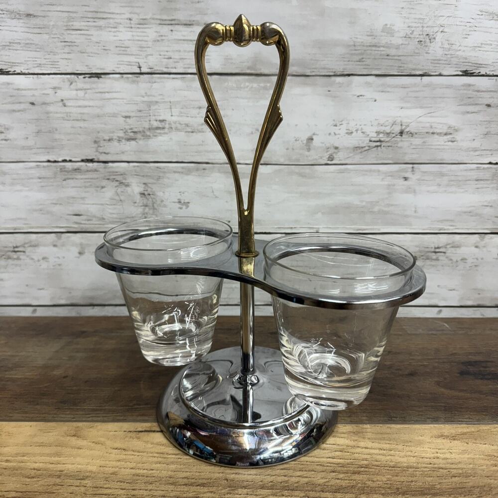 Vintage Kromex Chrome & Brass 3 Piece Condiment Caddy, Handle